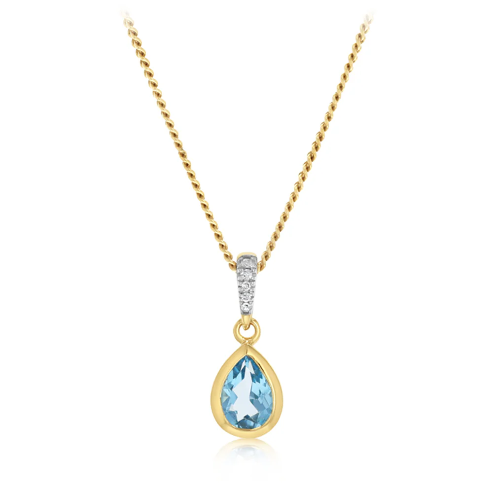 Created Blue Topaz and Diamond Pendant in 9ct Yellow Gold