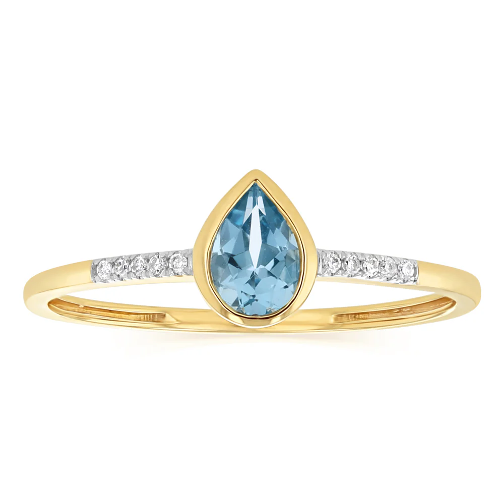 Created Blue Topaz and Diamond Ring in 9ct Yellow Gold