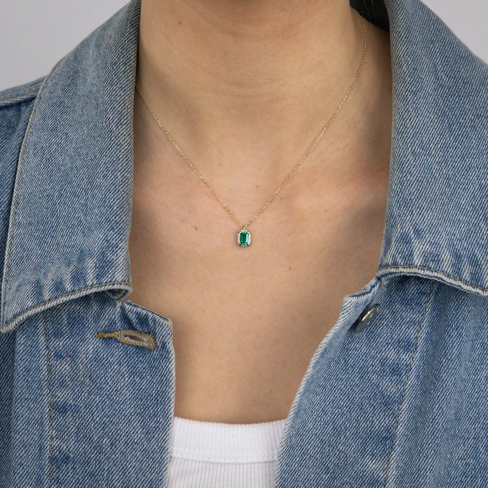 Created Emerald and Diamond Pendant in 9ct Yellow Gold - Image 2