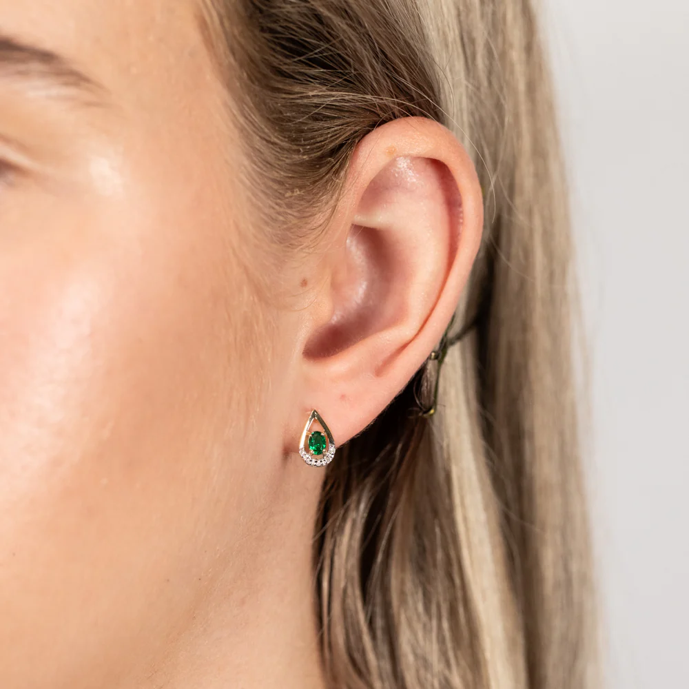 Created Oval 4x3mm Emerald & Diamond Stud Earrings in 9ct Yellow Gold - Image 2