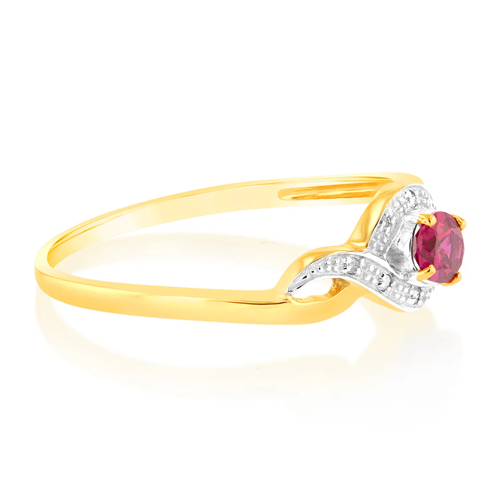 Created Oval Shape Ruby 5x4mm With Diamonds in 9ct Yellow Gold - Image 2