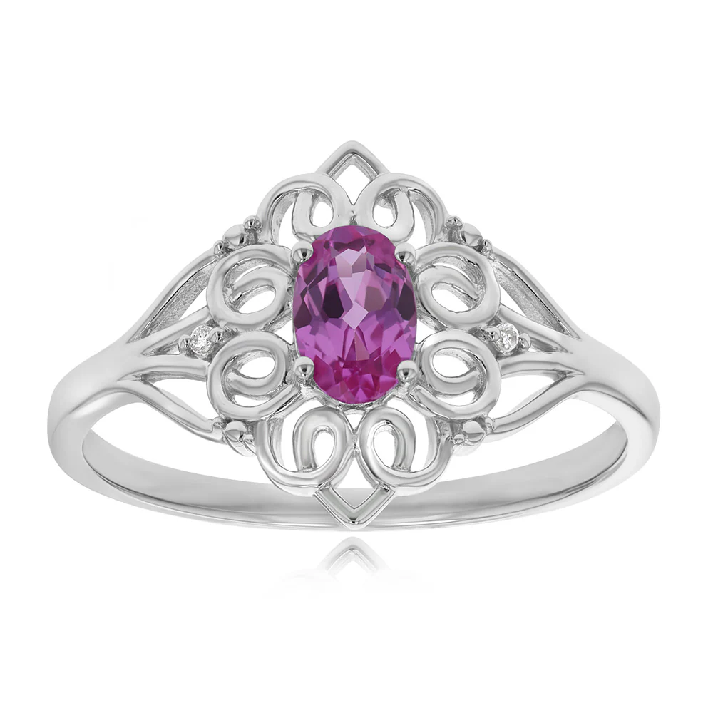 Created Pink Sapphire & Diamond Ring in Sterling Silver