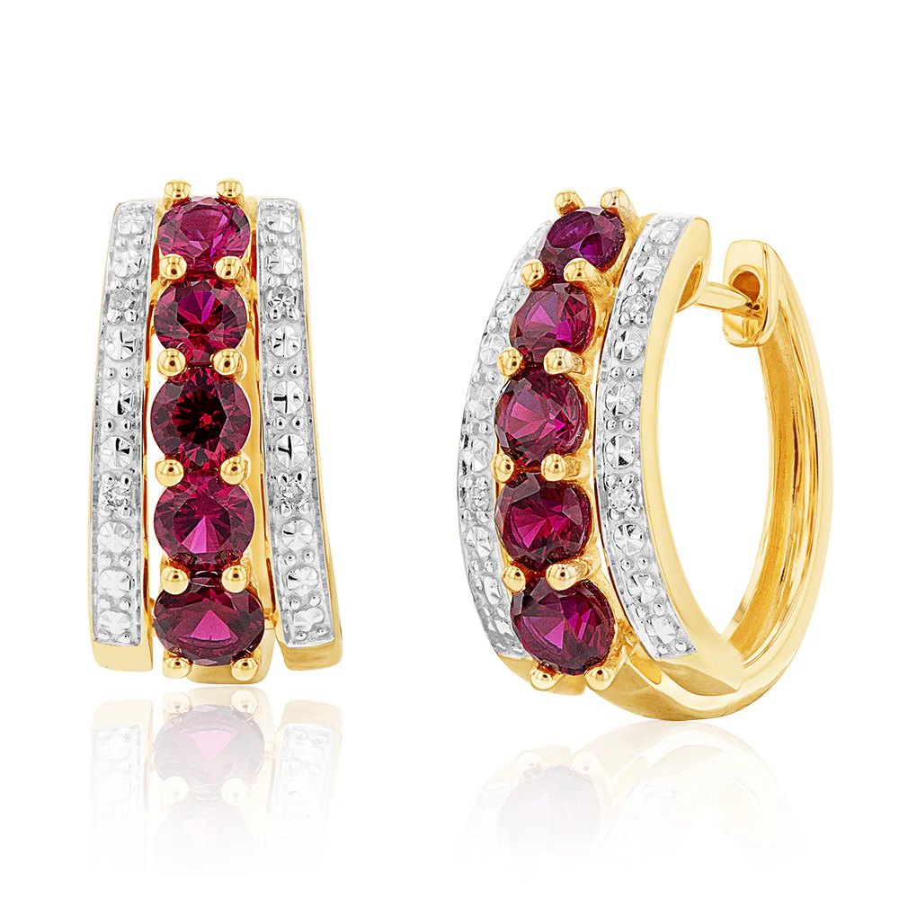 Created Ruby and Diamond Huggie Hoop Earrings in 9ct Yellow Gold