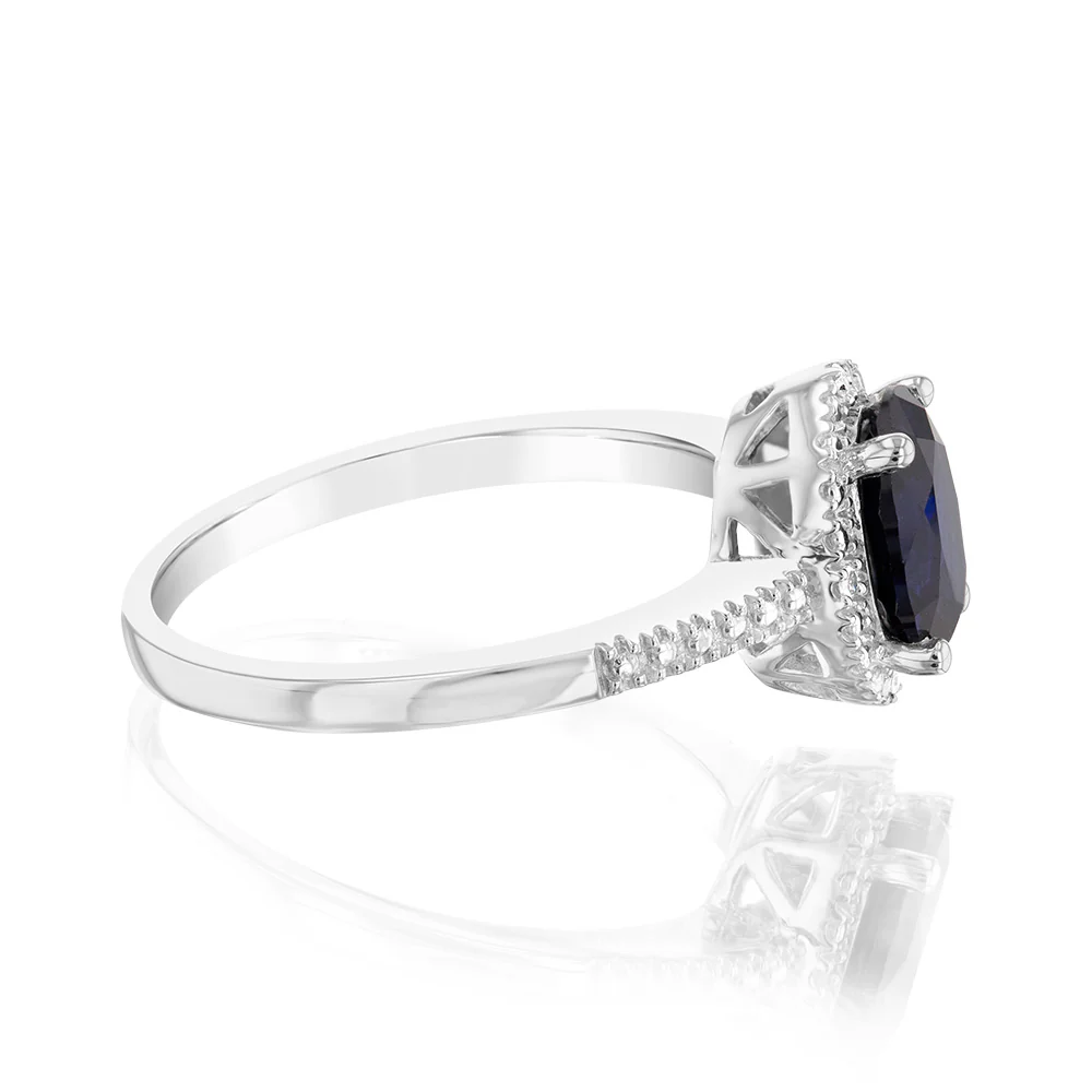 Created Sapphire 1.40 Carats Sterling Silver 4 Diamond Oval Shaped Ring - Image 2