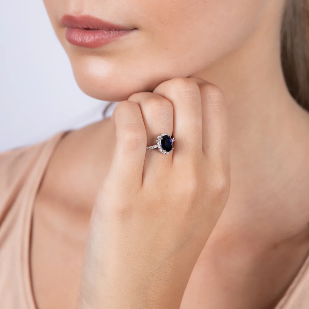 Created Sapphire 1.40 Carats Sterling Silver 4 Diamond Oval Shaped Ring - Image 3