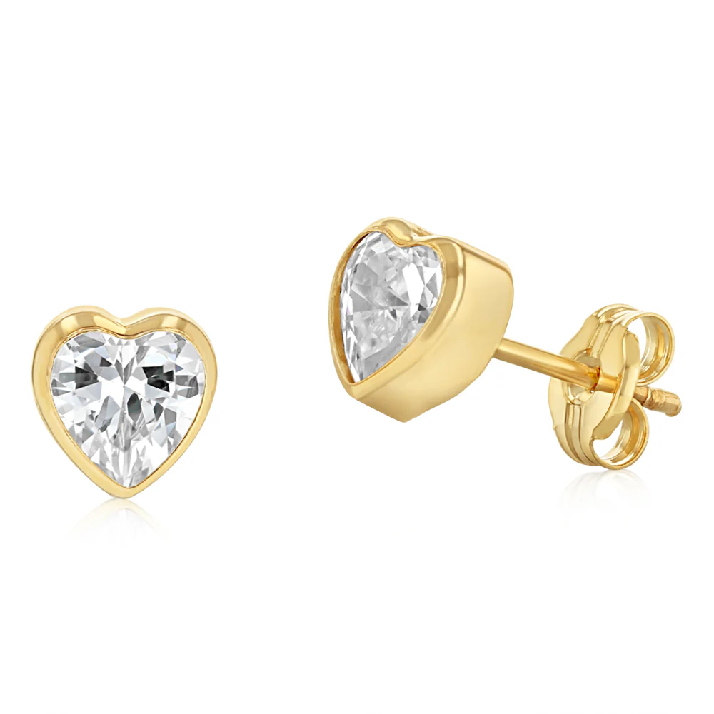 Cubic Zirconia 5mm Heart Shaped Stud Earrings in 9ct Yellow Gold