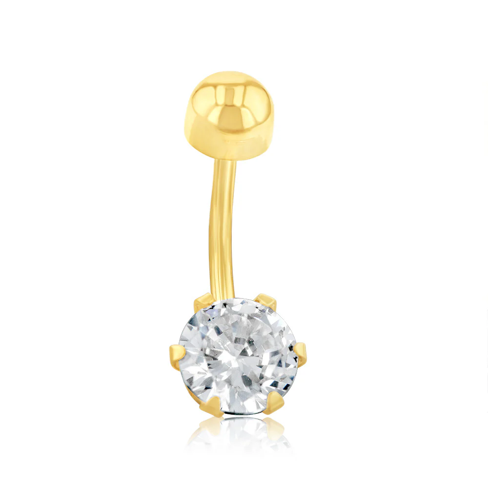 Cubic Zirconia 6 Claw Belly Bar in 9ct Yellow Gold