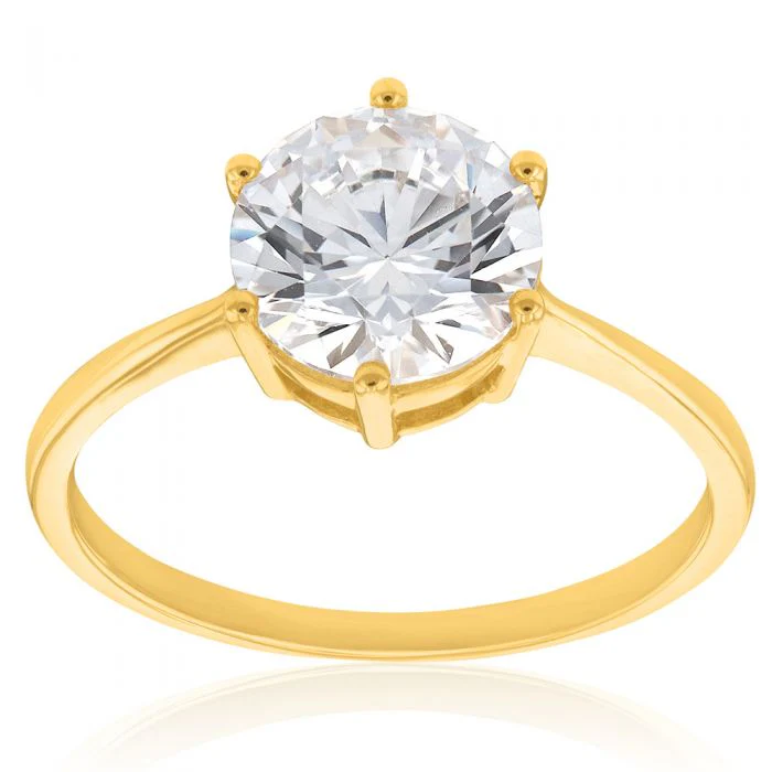 Cubic Zirconia 6 Claw Solitaire Ring in 9ct Yellow Gold