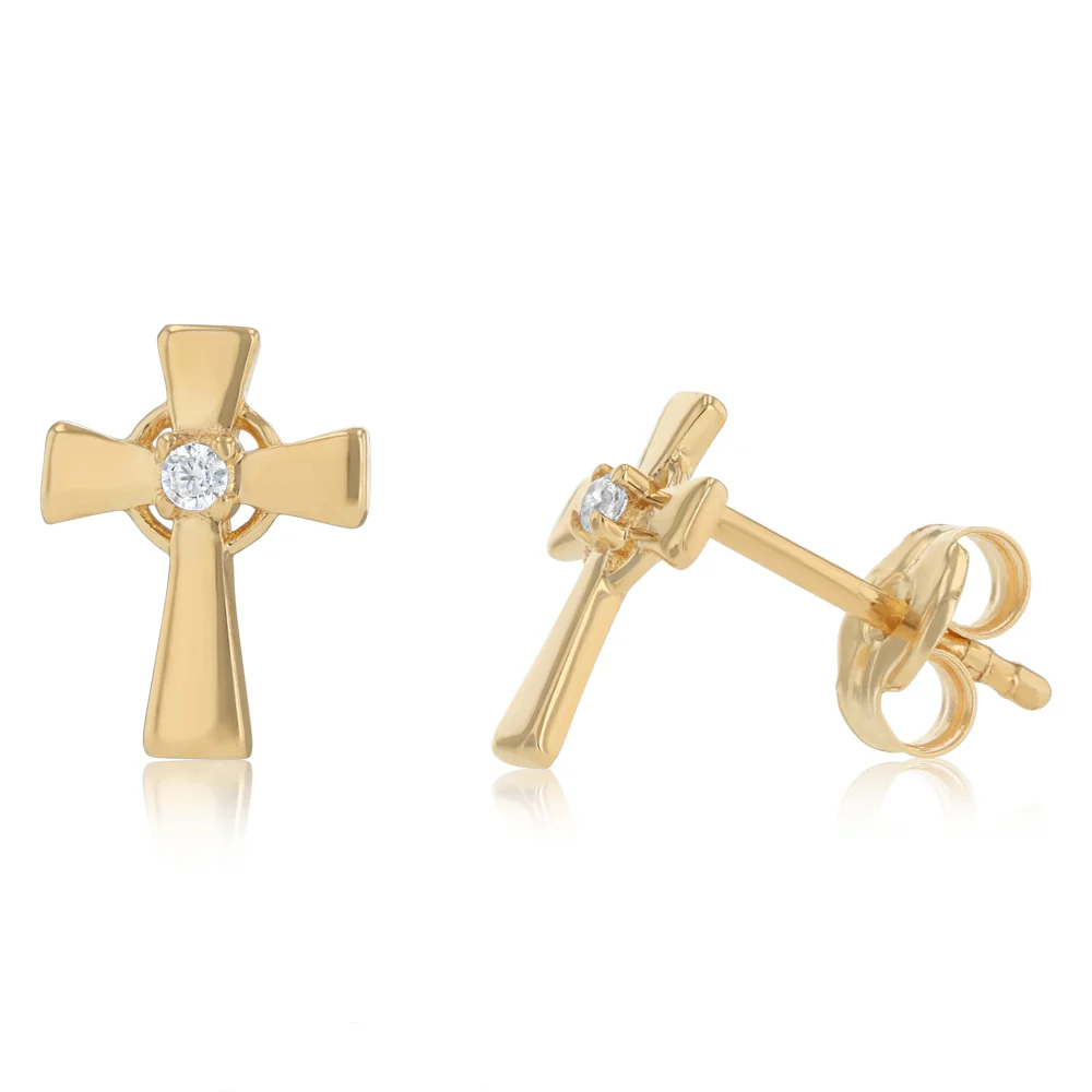 Cubic Zirconia Cross Stud Earrings in 9ct Yellow Gold