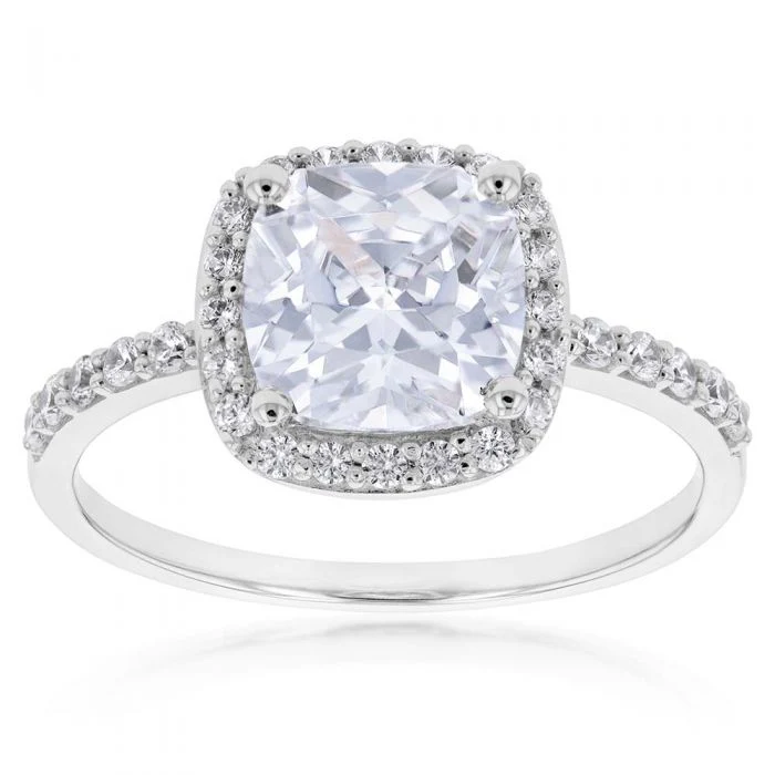 Cubic Zirconia Cushion Cut Halo Ring in 9ct White Gold