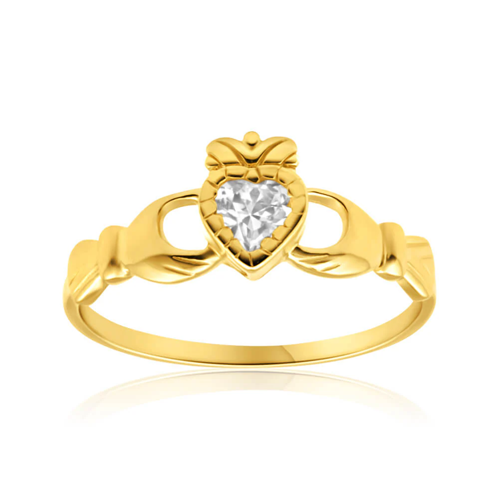 Cubic Zirconia Heart Claddagh Ring in 9ct Yellow Gold