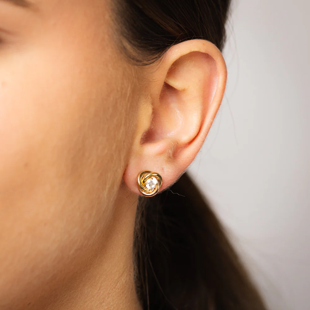 Cubic Zirconia Knot Stud Earrings in 9ct 2 Tone Gold - Image 2