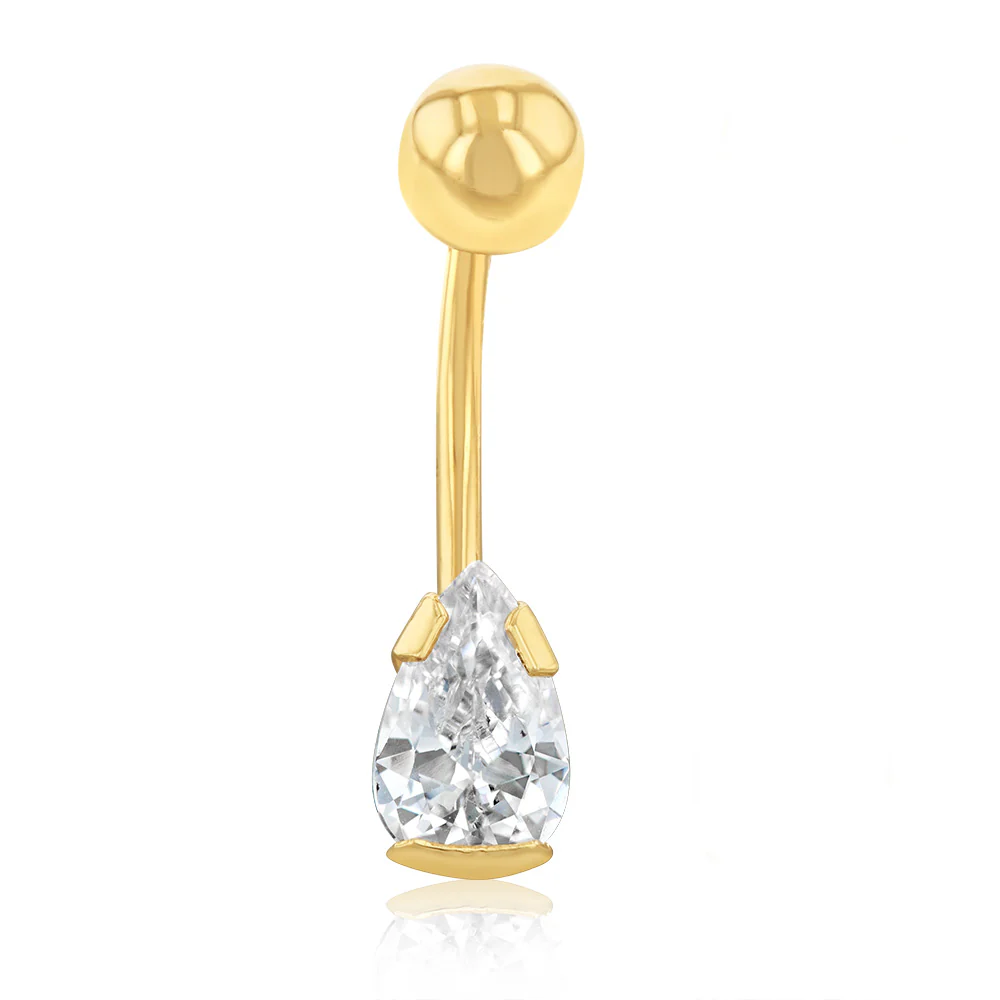 Cubic Zirconia Pear Shaped Belly Bar in 9ct Yellow Gold