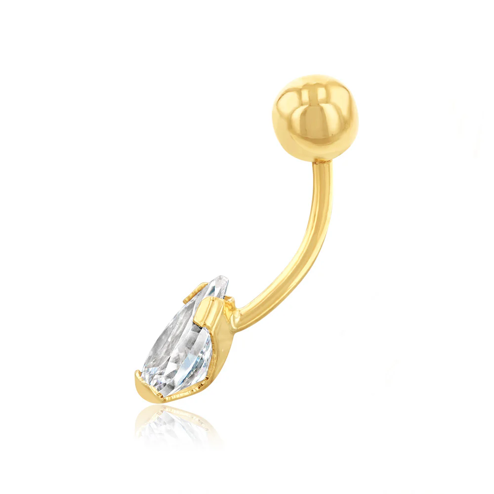 Cubic Zirconia Pear Shaped Belly Bar in 9ct Yellow Gold - Image 2