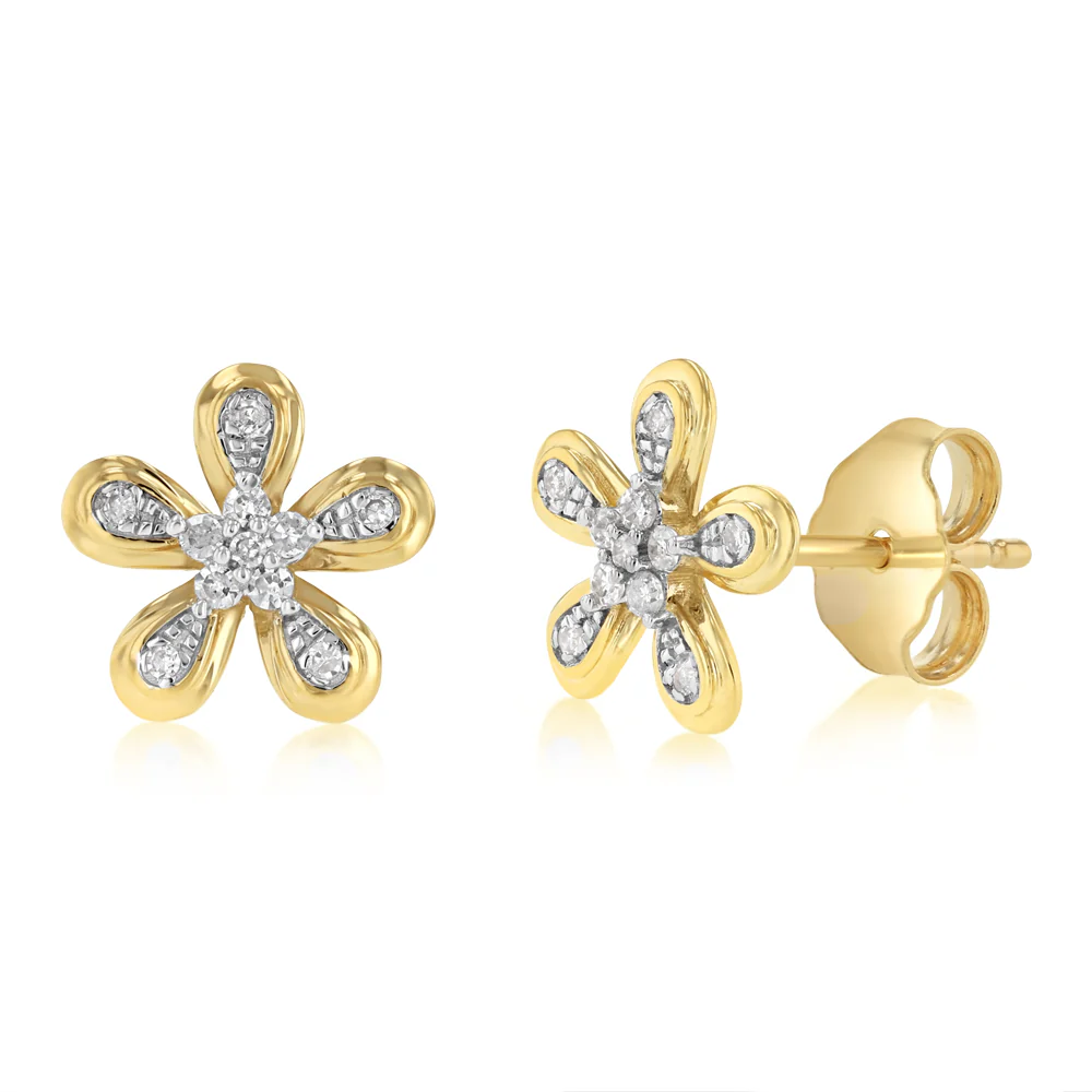 Diamond Flower Stud Earrings in 9ct Yellow Gold