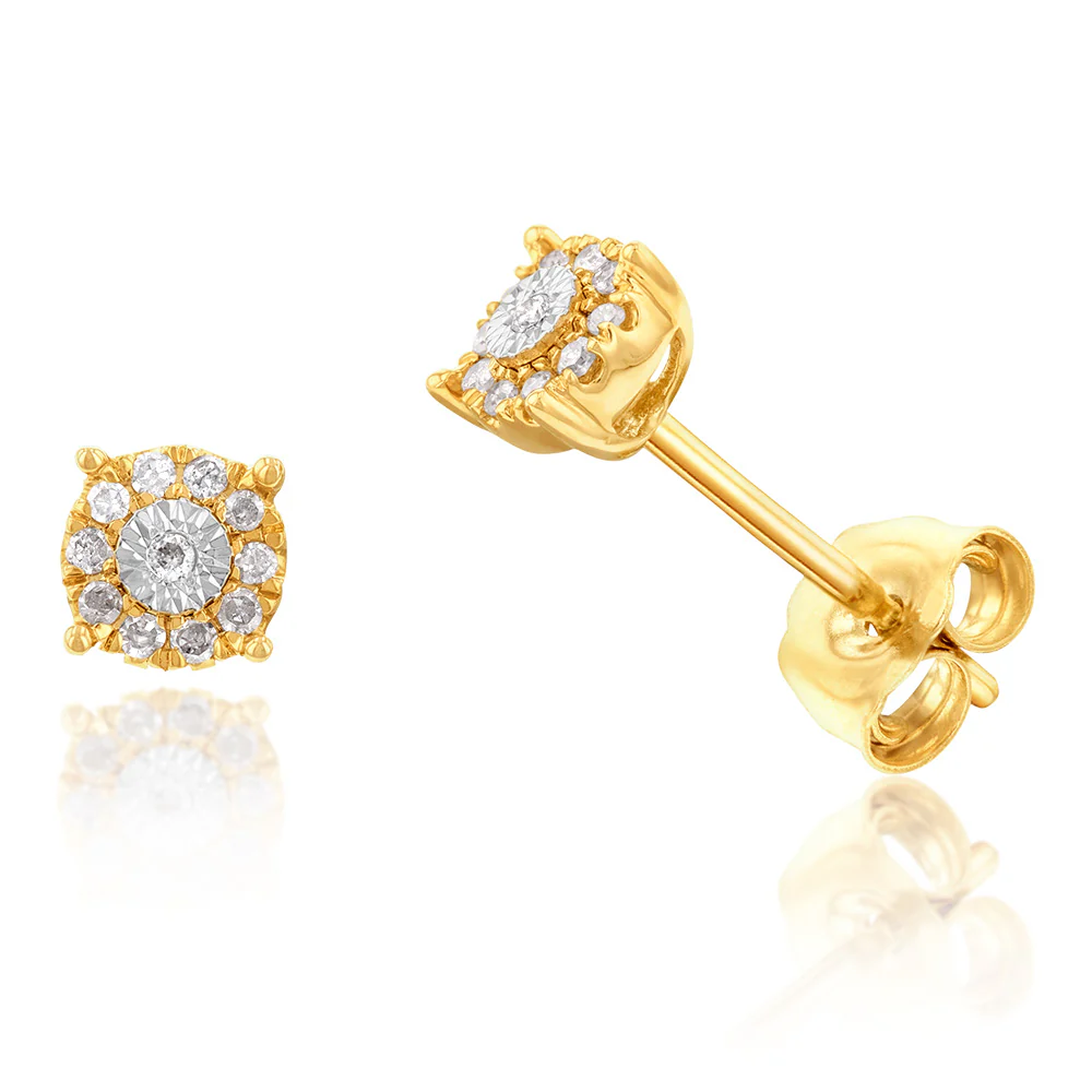 Diamond Halo Stud Earrings in 9ct Yellow Gold