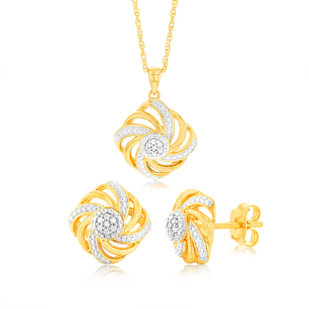 Diamond Swirl Pendant & Earring with Diamond Set on 45cm Chain in Gold Plated Sterling Silver