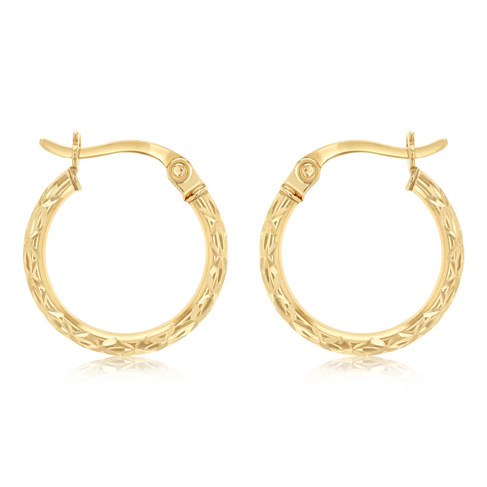 Dicut 13mm Creole Hoop Earrings in 9ct Yellow Gold - Image 2