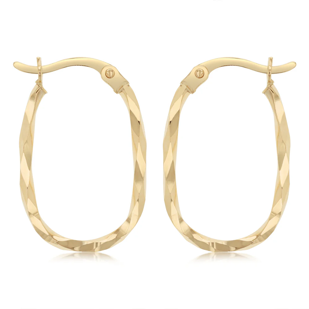 Dicut Twisted Oval Hoop Earrings in 9ct Yellow Gold - Image 2