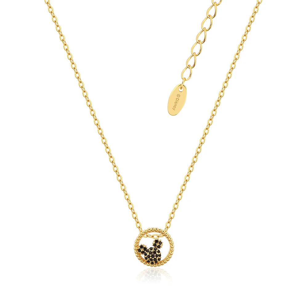 Disney Gold Plated Sterling Silver Mickey Black CZ Medallion Pendant On Chain