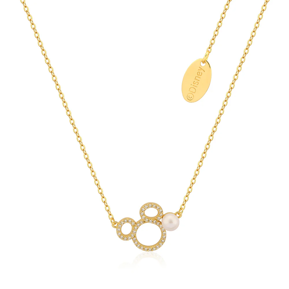 Disney Gold Plated Sterling Silver Mickey CZ Outline With Pearl Pendant On Chain