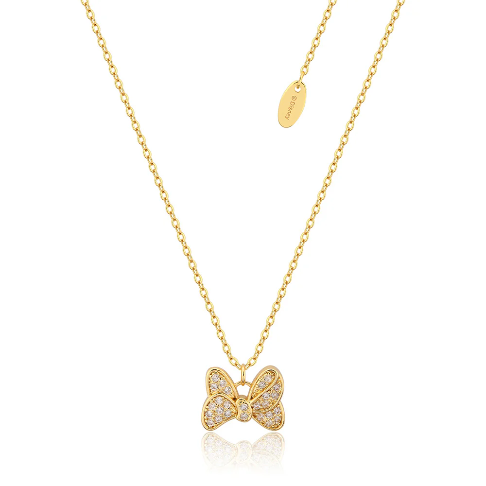 Disney Gold Plated Sterling Silver Minnie Mouse CZ Bow Pendant On Chain