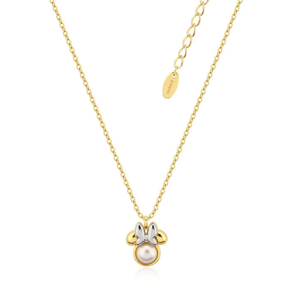 Disney Gold Plated Sterling Silver Minnie Mouse Pearl Pendant On Chain