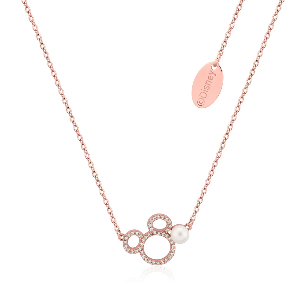 Disney Rose Gold Plated Sterling Silver Mickey CZ Outline With Pearl Pendant On Chain