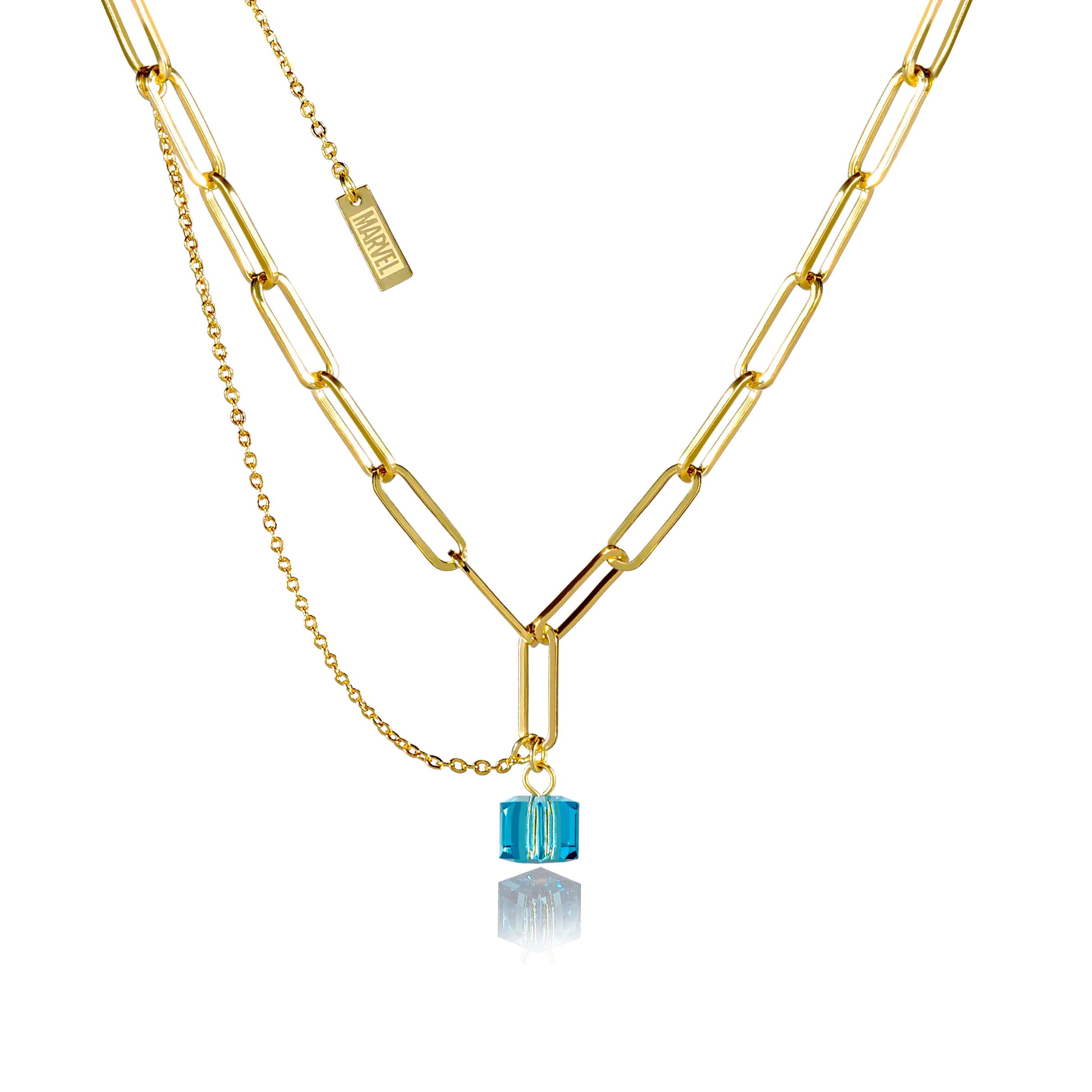 Disney Stainless Steel 14ct Gold Plated Tesseract Blue Crystal Pendant On 45cm Chain
