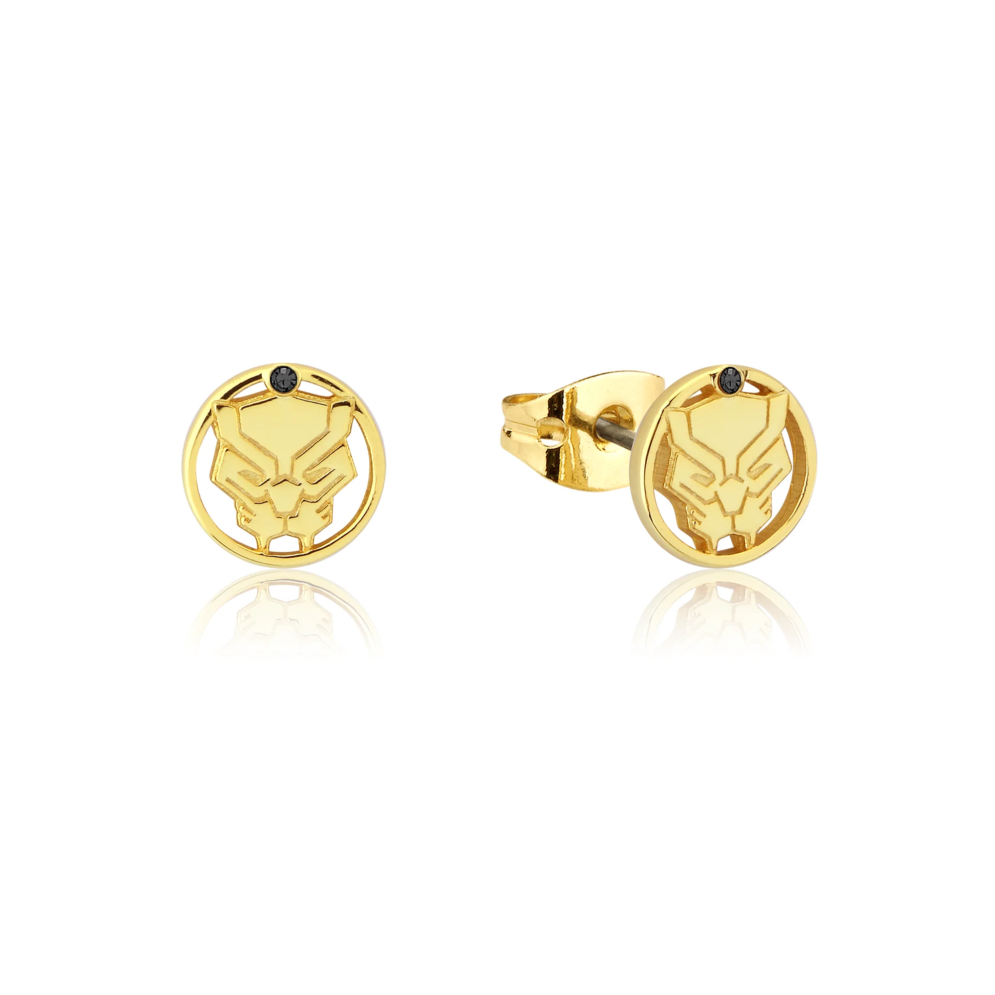 Disney Sterling Silver 14ct Gold Plated Black Panther Black Zirconia Stud Earrings