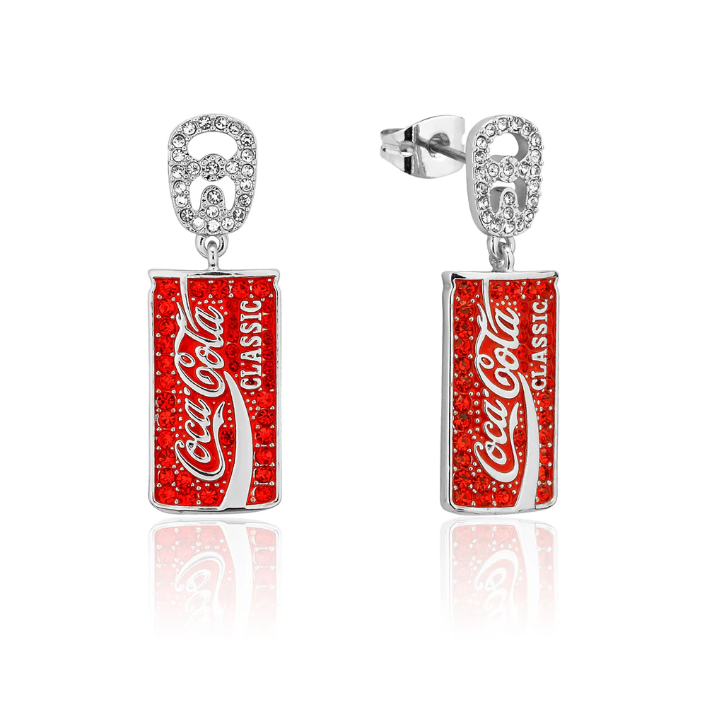 Disney White Gold Plated Stainless Steel Coca Cola Classic Can Crystal Drop Earrings