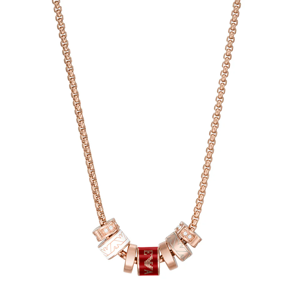 Emporio Armani Rose Gold Plated Stainless Steel Red Lacquer Components Pendant With Chain