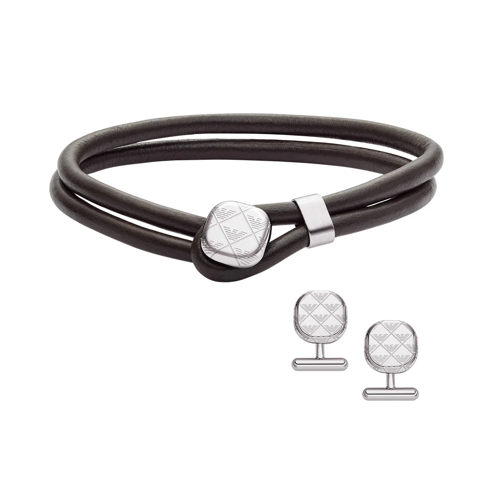 Emporio Armani Silver Plated Stainless Steel Logo Bracelet and Cufflink Set