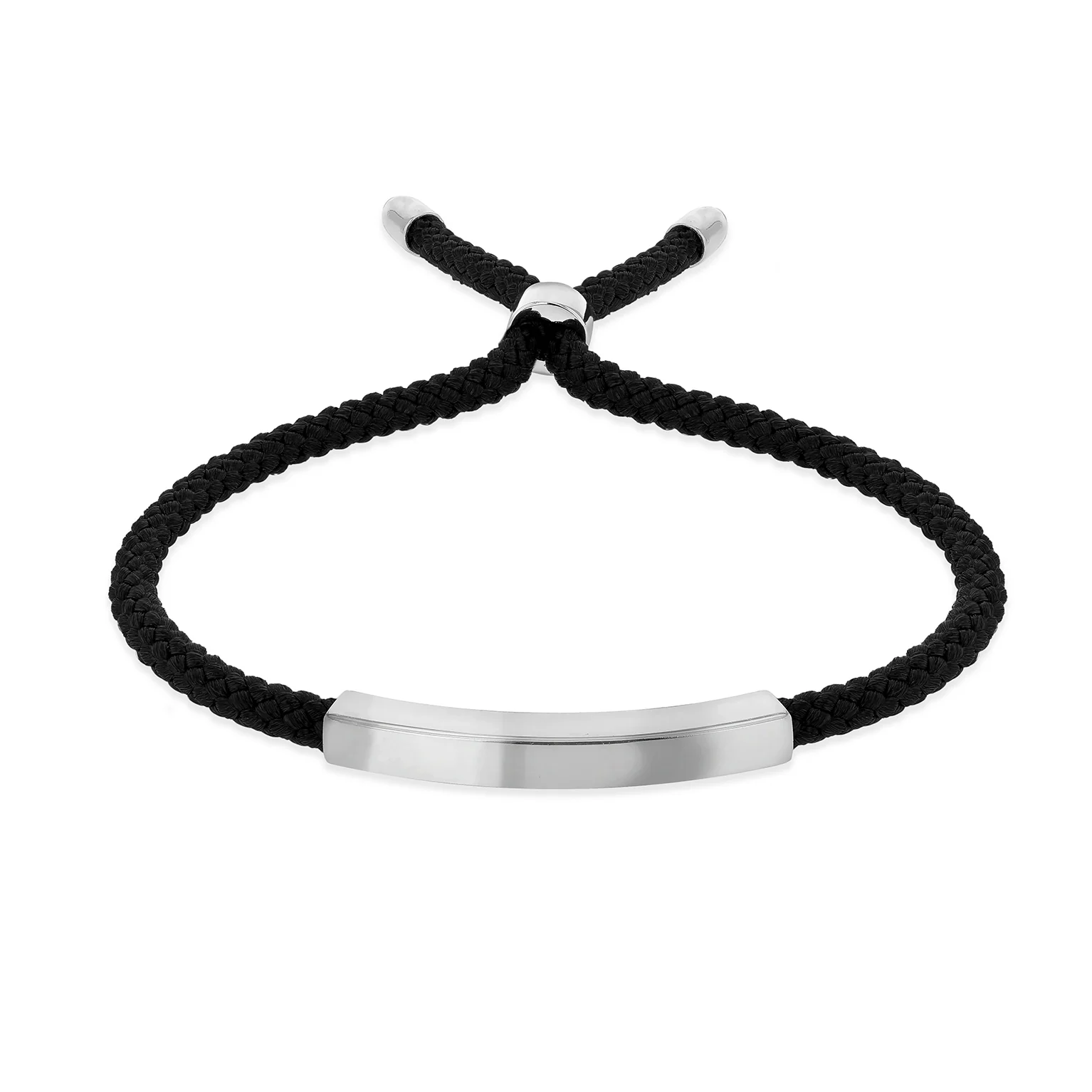 Engravable Rhodium ID Black Adjustable Chord Bracelet in Sterling Silver