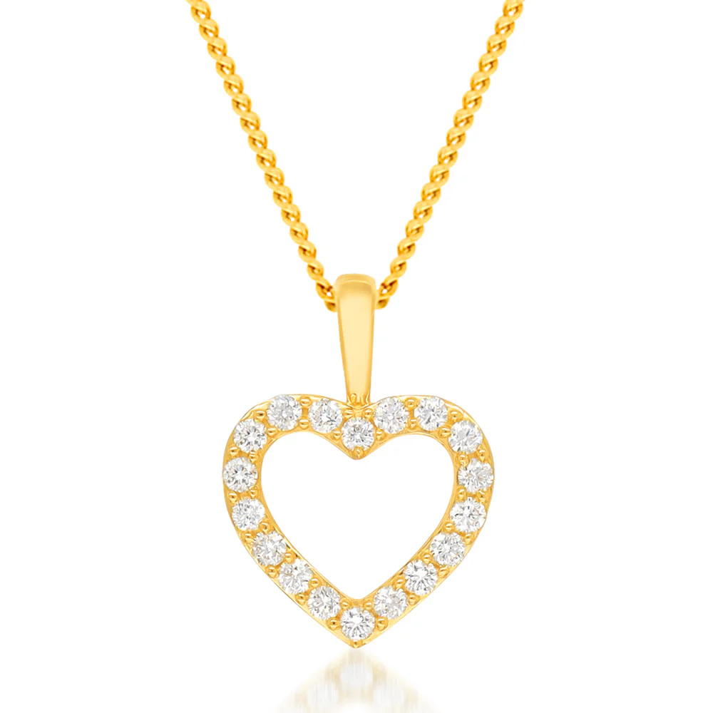 Flawless Cut 1/4 Carat Diamond Heart Shape Pendant in 9ct Yellow Gold WITH 45CM CHAIN