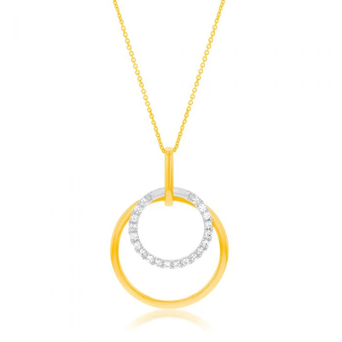 Flawless Cut 1/5 Carat Diamond Circle Pendant in 9ct Yellow Gold & White Gold + Chain