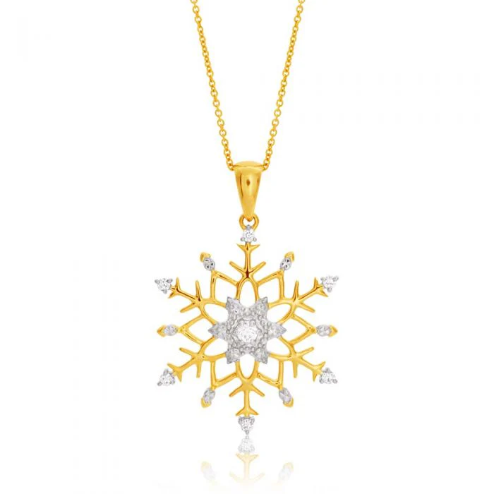Flawless Cut Diamonds in 9ct Yellow Gold Snowflake Pendant With 45cm Chain Included