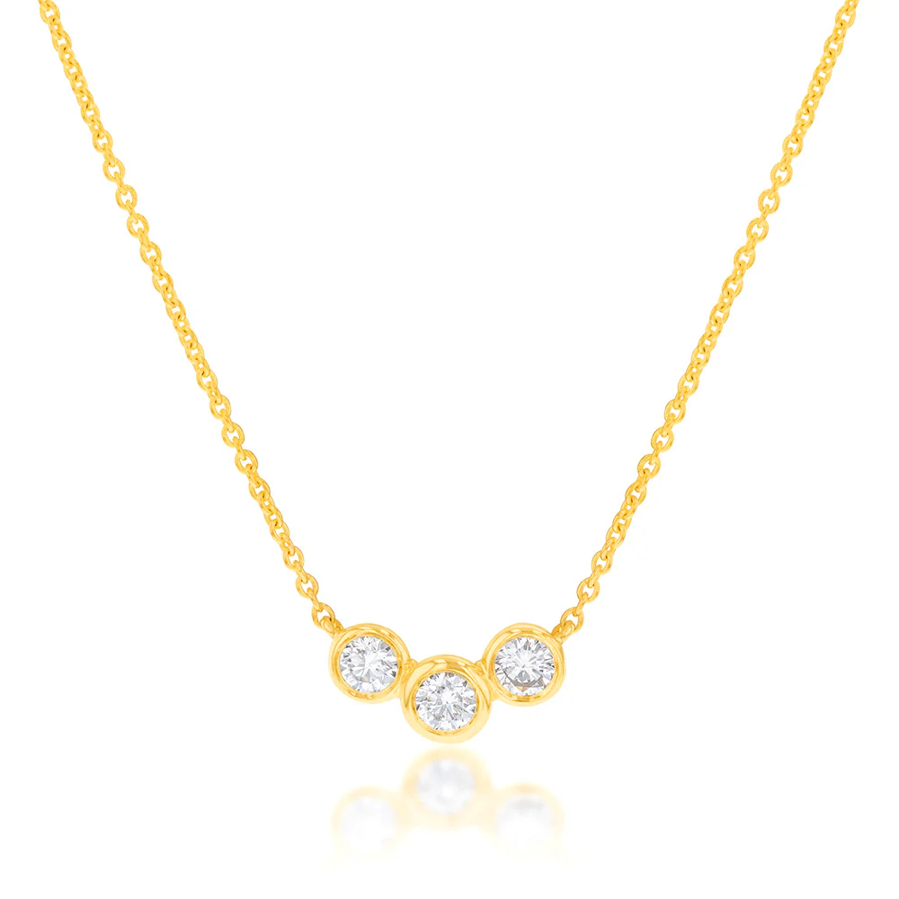 Flawless Cut Trilogy 15 Point Diamond Pendant in 9ct Yellow Gold including Chain