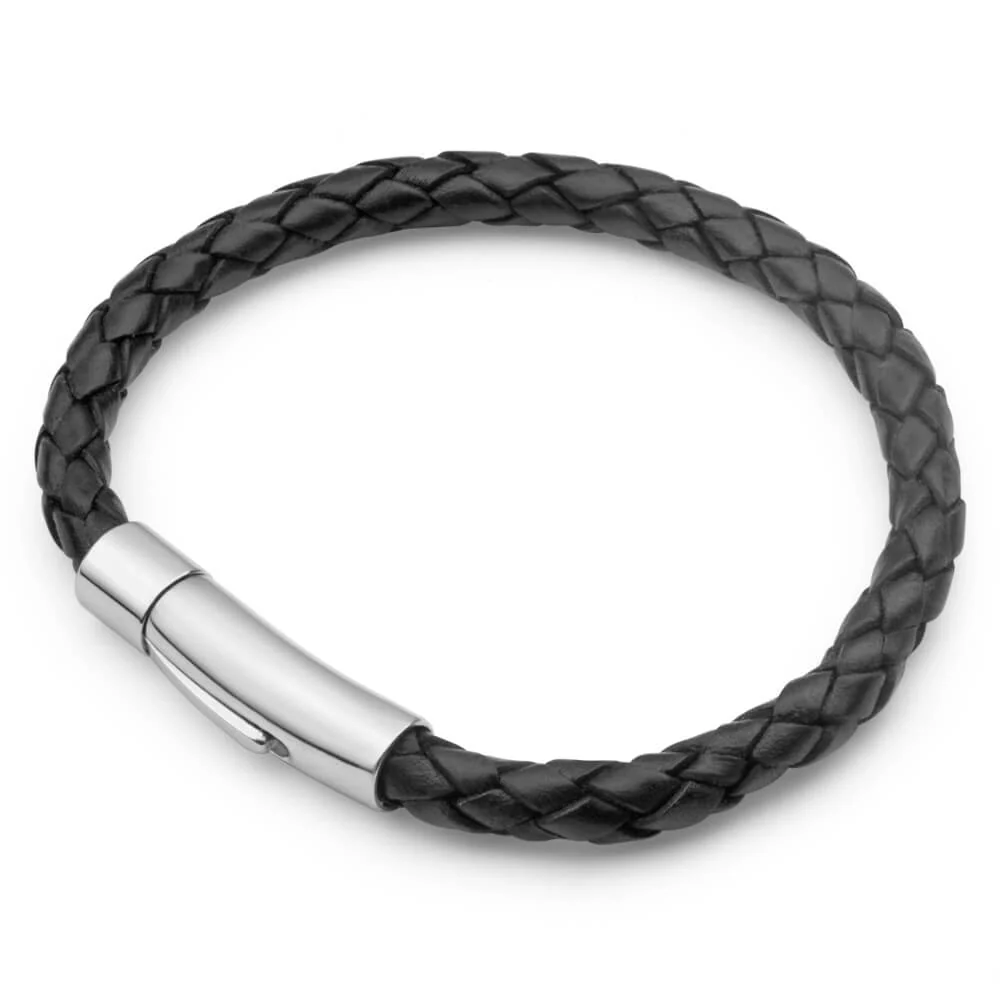 Forte Stainless Steel Black Leather 21cm Bracelet With Twist Lock Clasp - Image 2