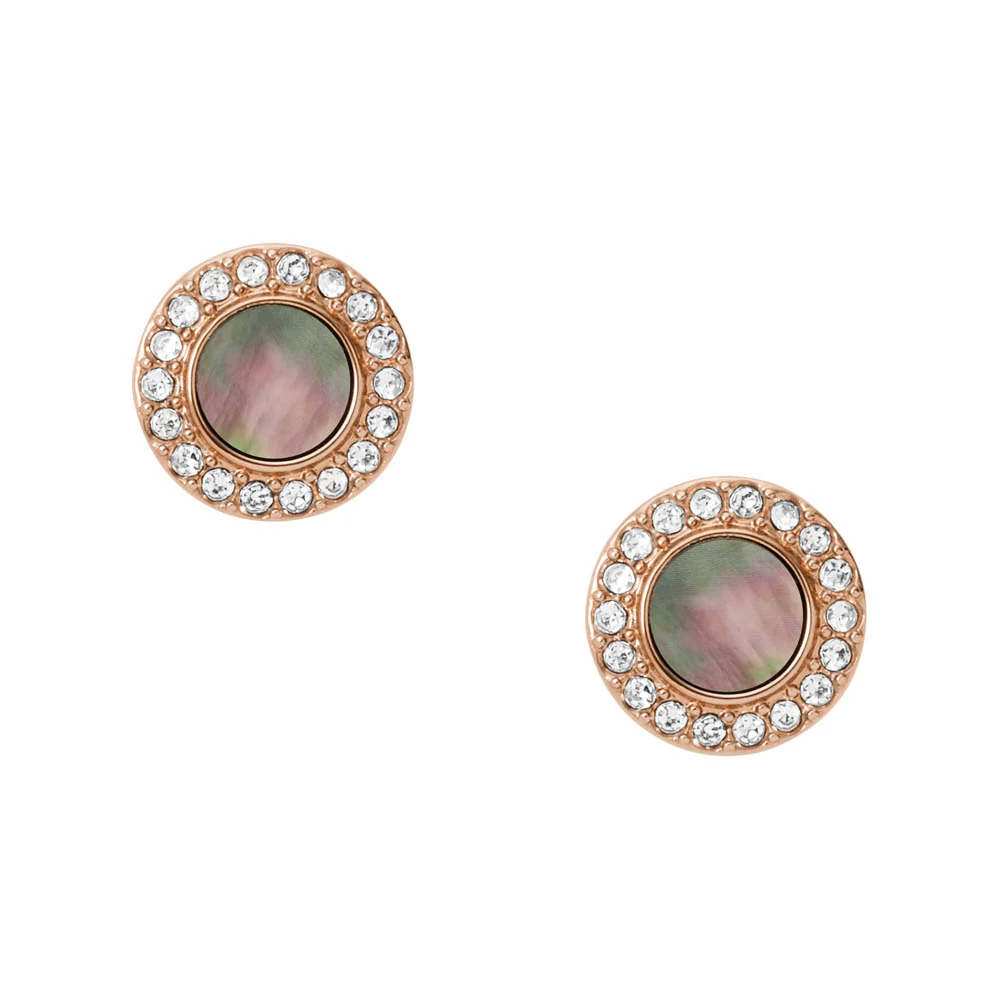 Fossil Rose Gold Plated Stainless Steel Gray Mother Of Pearl Glitz Stud Earring