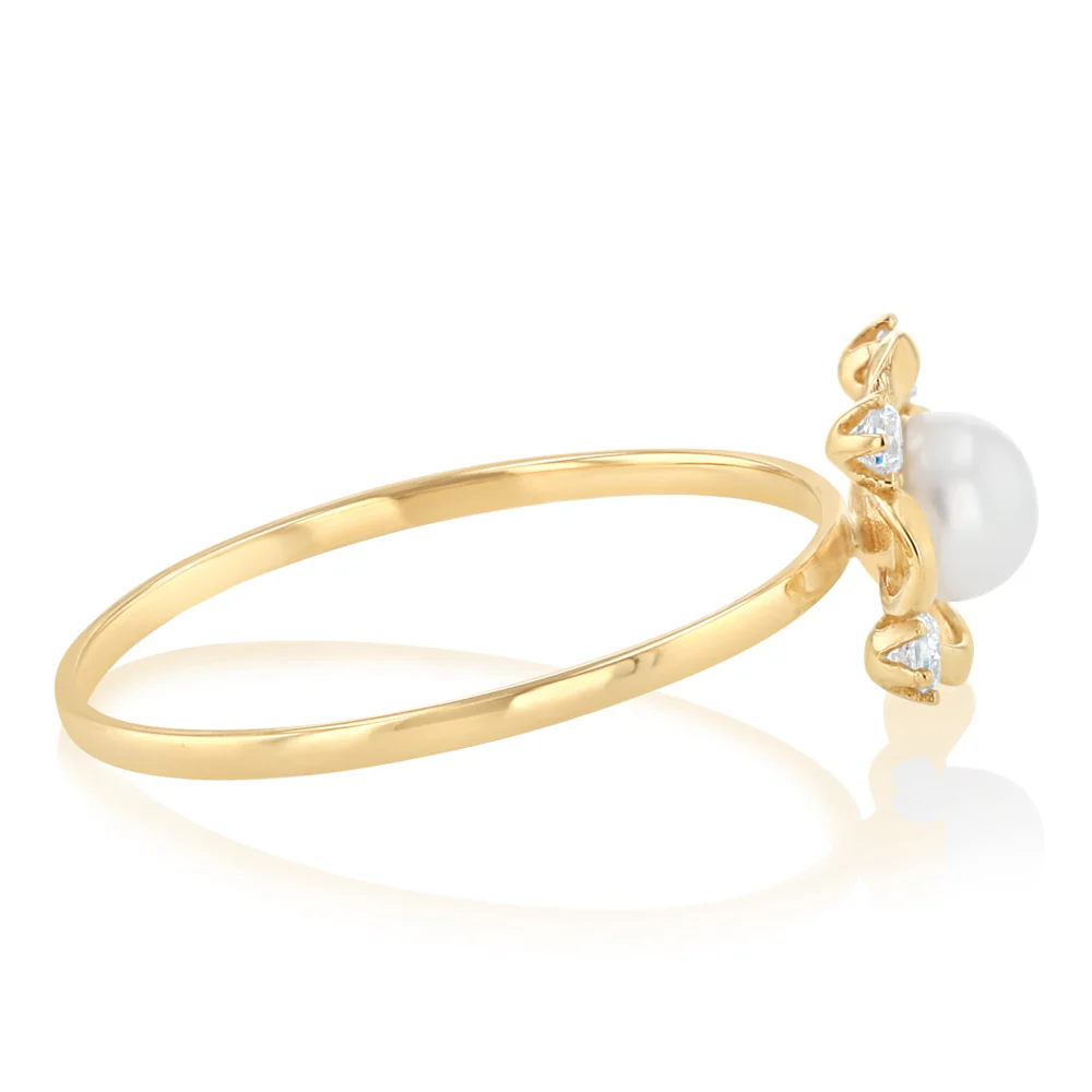 Freshwater Pearl and Cubic Zirconia Ring in 9ct Yellow Gold - Image 2