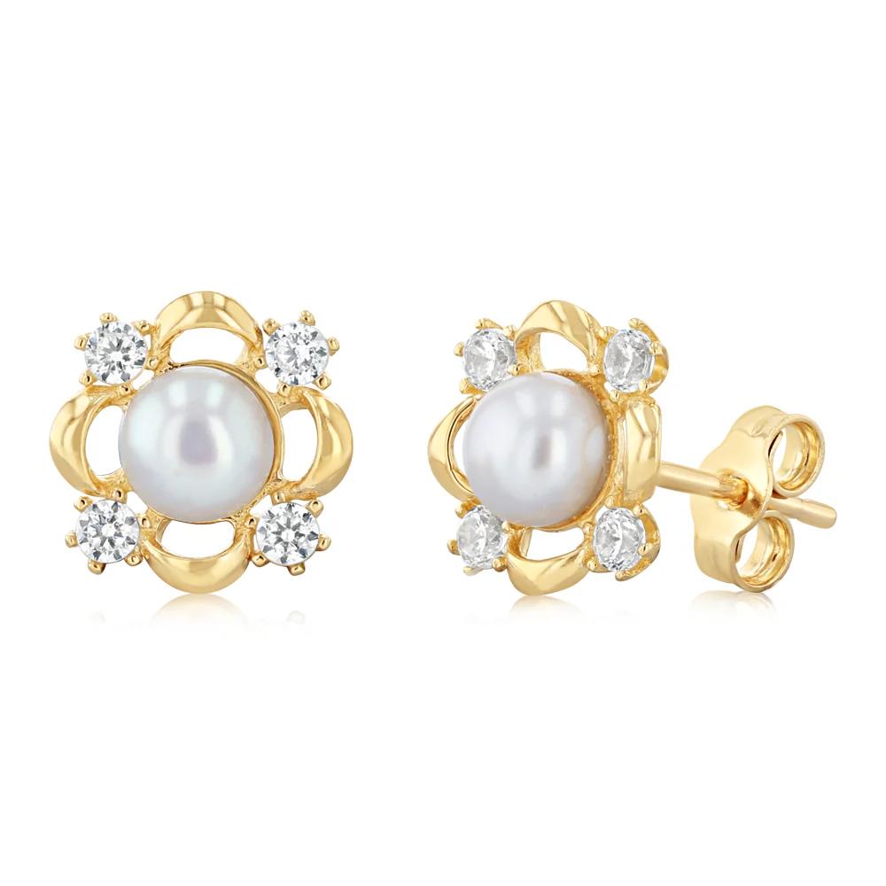 Freshwater Pearl and Cubic Zirconia Stud Earrings in 9ct Yellow Gold