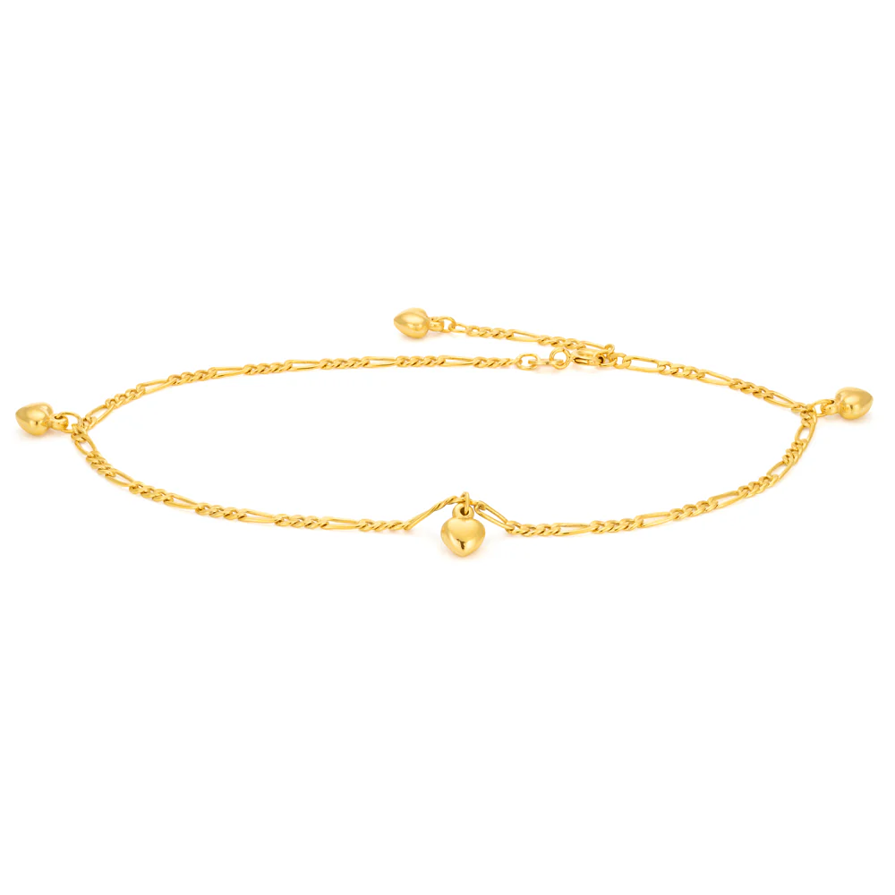 Gold Filled 4 Heart Charm 27cm Anklet