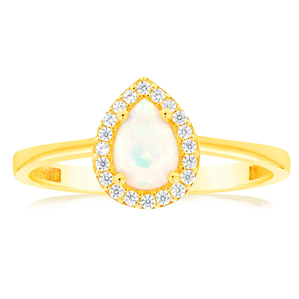 Gold Opal Pear & Zirconia Ring in 9ct Yellow