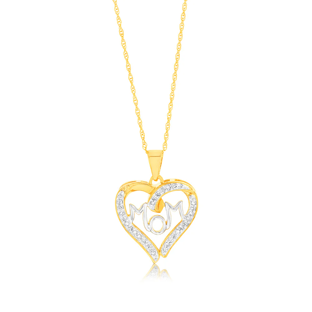 Gold Plated Sterling Silver 1/4 Carat Diamond "MUM" Heart Pendant on 45cm Chain