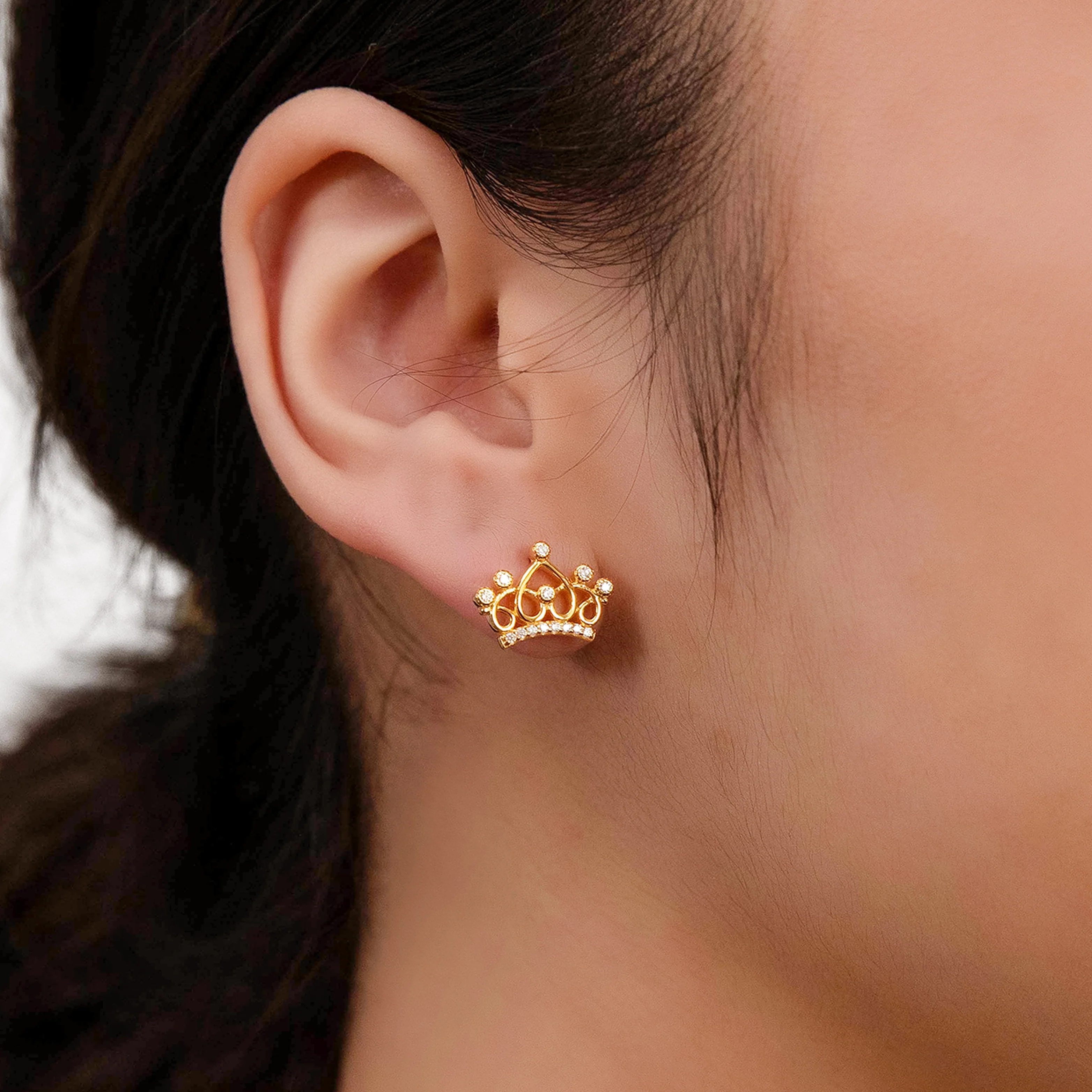 Gold Plated Sterling Silver Fancy Crown With Cubic Zirconia Stud Earrings - Image 2