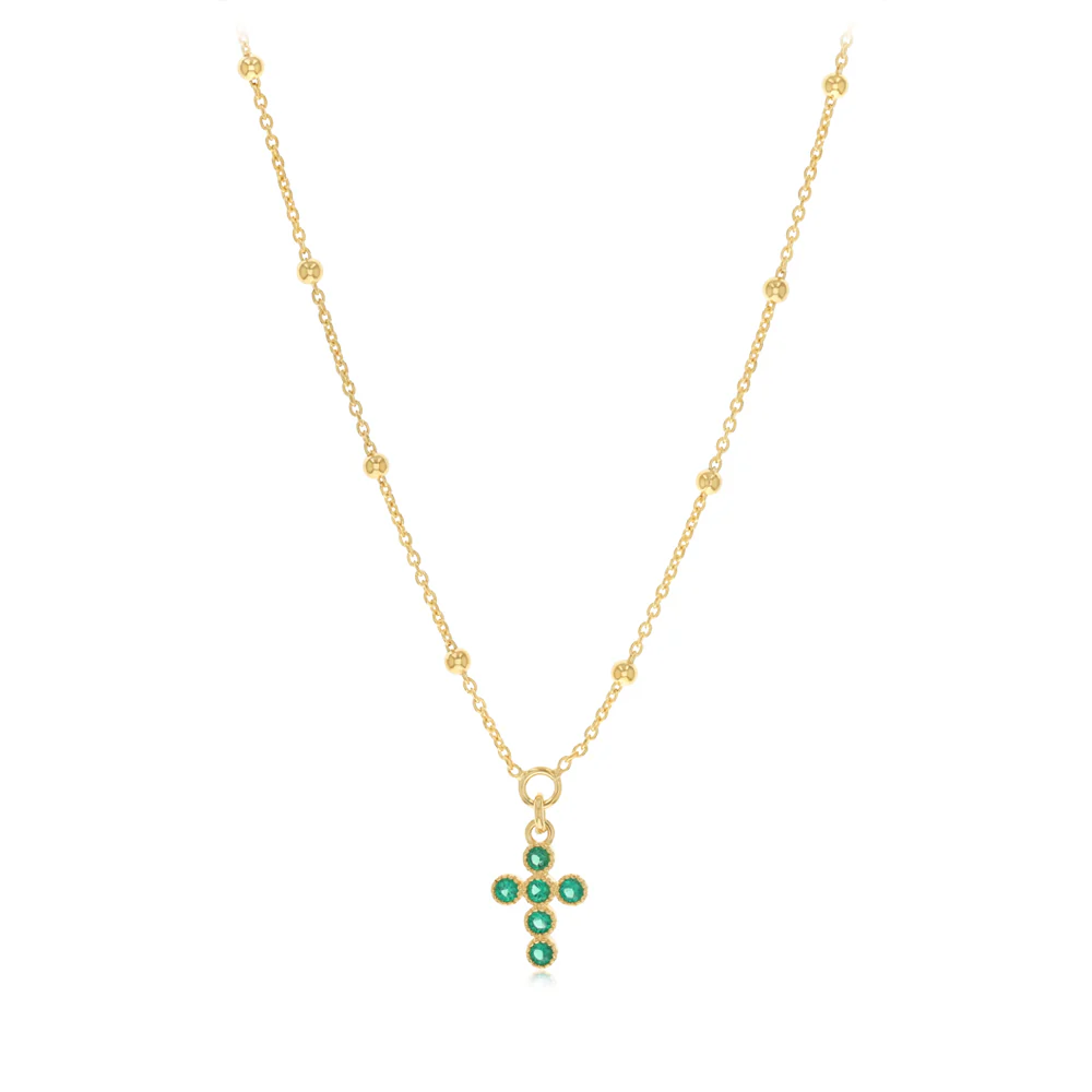 Gold Plated Sterling Silver Green CZ Cross Necklace