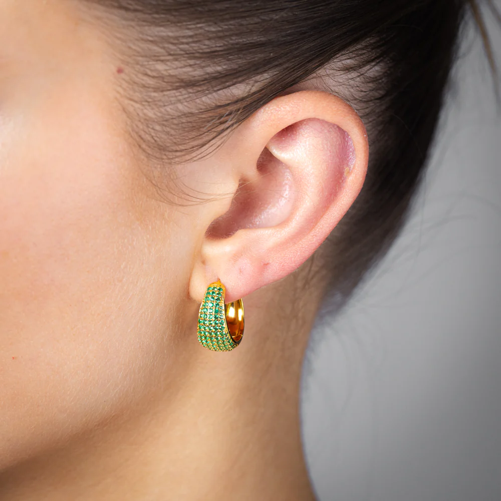 Gold Plated Sterling Silver Green Pave Huggie Earrings - Image 2