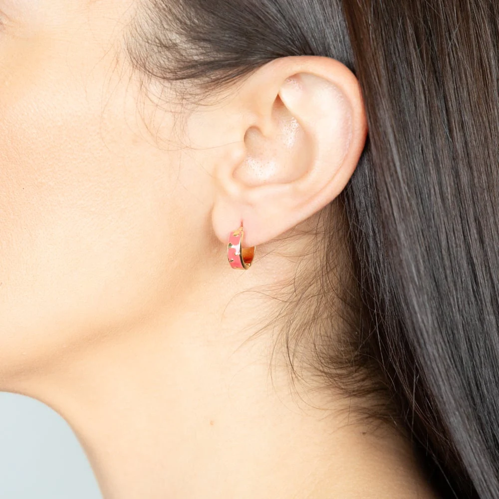 Gold Plated Sterling Silver Hearts Pink Enamel 13mm Hoop Earrings - Image 2