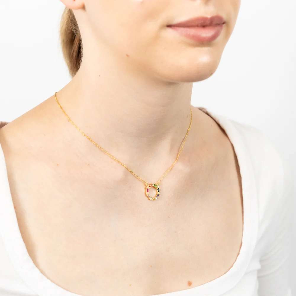 Gold Plated Sterling Silver Multicolor Cubic Zirconia Circle Pendant With 45cm Chain - Image 2